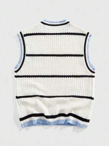 ROMWE MEN Prep Men's Casual Knitted Vest With Numeric & Striped Pattern, Autumn/Winter - Blue and White - View 2