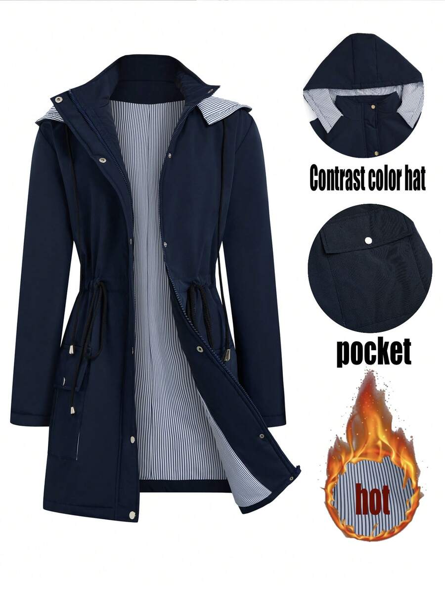 EMERY ROSE Plus Size Jacket With Adjustable Drawstring Waist, Casual Large Pocket Decor, Blue & White Striped Contrast Lining, Suitable For Commuting And Leisure