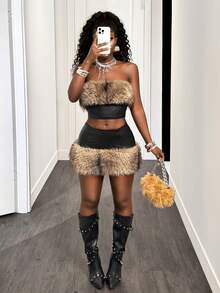 BamGleam 2pcs/Set Plush Patchwork Leather Crop Top And Mini Skirt - Black - View 5