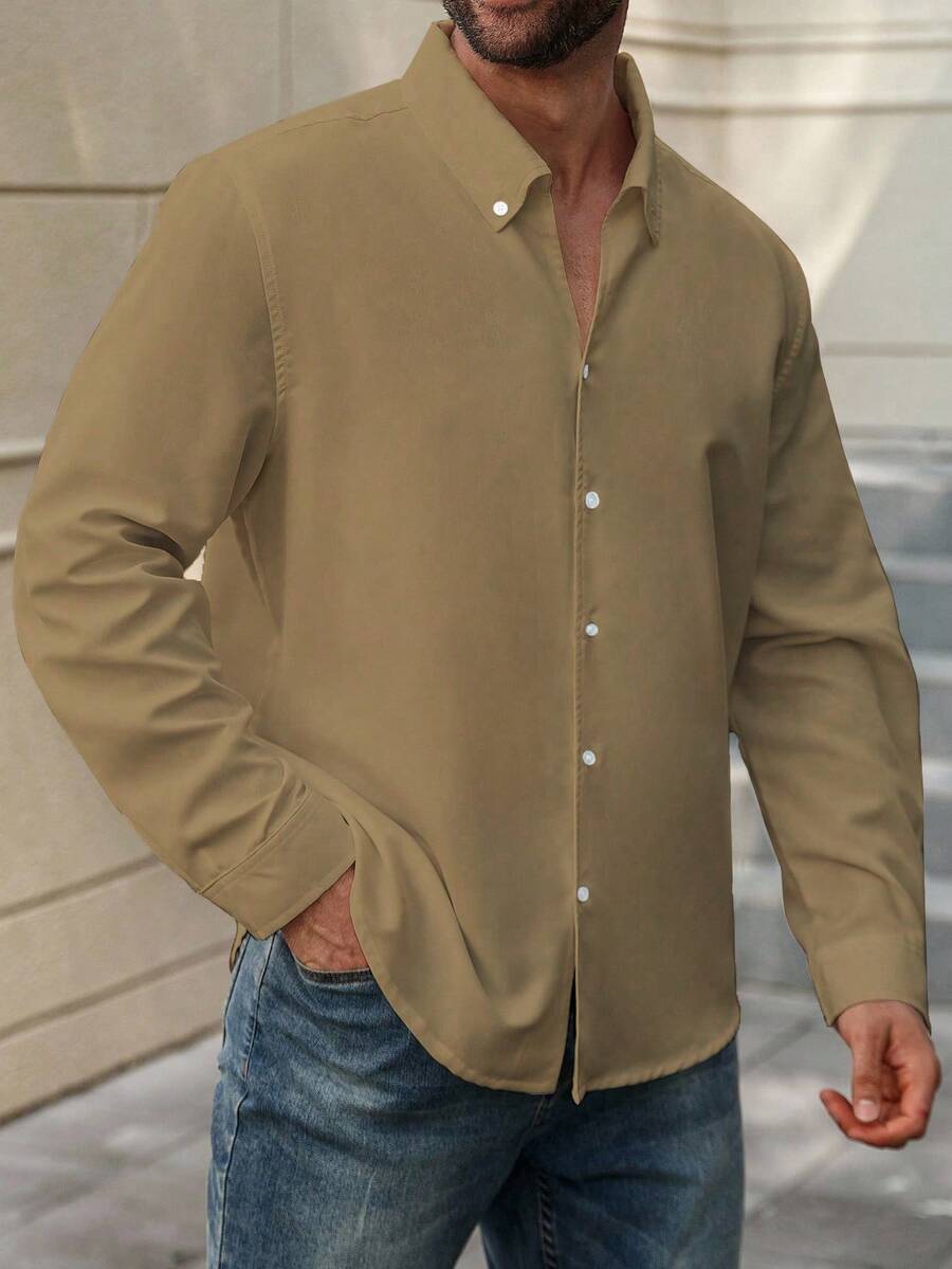 Manfinity Homme Camisa casual de diseño minimalista con botones delanteros, manga larga y hombros rectos, dunicolordo, para hombres de talla grande - Marrón - Ver 1