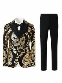 SHEIN 3pcs/Set Teenager Gentleman Suit, Black & Gold Color Block Slim Fit Formal Outfit, Includes Blazer Jacket + Vest + Trousers, Elegant & Casual Personalized Suit Set Suitable For Piano/Violin Performance, Wedding, Graduation Ceremony, Birthday Party, Evening Event, Presentation, Wedding Season, Halloween, Christmas, Autumn/Winter - Black - View 4