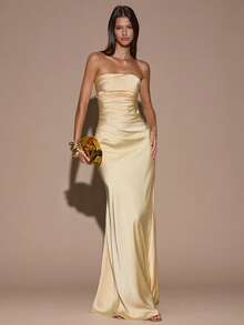Sexy Minimalist Solid Color Yellow Cream Strapless Ruched Fitted Backless Dress, Suitable For Party, Cocktail, Formal Occasions, Bridesmaid, Birthday, Yellow Satin Long Dress, Banquet, Business Casual,Party Dresses For Women,,Valentine's Day,Valentine Outfits For Women - Yellow - View 4