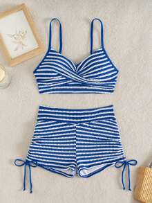 Swim Lushoire 2pcs Women's Swimsuit Set, Blue & White Striped Textured Fabric, Criss-Cross Bust, Side Drawstring Shorts, Fashion Beach Vacation Swimwear - Blue and White - View 4