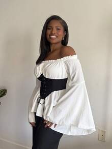 Tyla Gomez Hollow Out Flared Sleeve Contrast Tie Waist Vintage Blouse,Long Sleeve Tops - Black and White - View 4