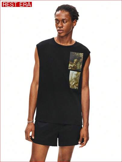 Rest Era Débardeur sans manches noir pour hommes, design de motif classique, minimaliste mais artistique, apporte un charme unique, personnalisé et rétro à votre look