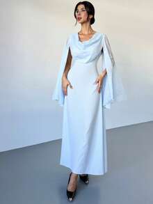 Firerie Women's Elegant Light Blue Floral Lace & Sequin Ruffle Collar Long Sleeve High Waist A-Line Maxi Dress For Autumn,Wedding Guest,Parties,Balls,Dates - Blue - View 3