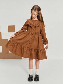 SHEIN Tween Girl Corduroy Dress,Shades Of Brown,Autumn,Elegant,Matching Family Mandarin Collar Ruffle Trim Button Waist Cinched Long Sleeve Thanksgiving - Brown - View 6
