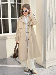 SHEIN Serisse Kids Tween Girl Woven Casual Versatile Fashion Buttoned Collar Belt Bow Pocket Loose Long Windbreaker, Casual Military Style, Commute & Outdoor, Back To School, Mommy And Me Matching Outfits, Girls Spring And Autumn Suit, Girl Coat, - Khaki - View 4