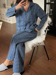 DAZY Bộ đồ ngủ nữ bằng vải chiffon in hoa, kiểu dáng nghỉ dưỡng, trang phục mùa đông. - Màu xanh lam - Xem 6