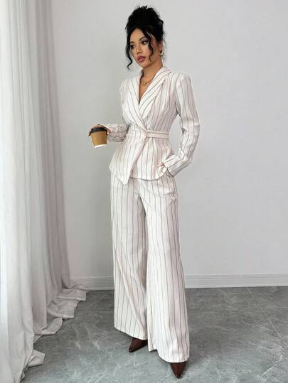 SHEIN Frenchy Damski komplet w paski z marszczeniami w talii i asymetrycznym dołem, z długim rękawem, 2 sztuki