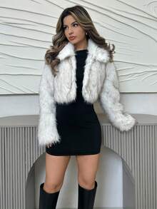 Jemour 毛绒渐变色女士人造毛皮夹克，短款款式，温暖适合秋冬季 - 白色 - 查看 1