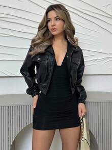 Jemour Flap Detail Crop PU Leather Spring Black Jacket In Fall/Winter - Black - View 5