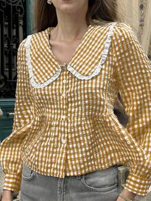 Pariaura French Style Plaid Peter Pan Collar Patchwork Ruffle Women Shirt - Mustard Yellow - View 3