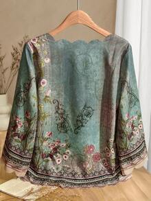 EMERY ROSE V-Neck Shell Trim Floral Print Casual Vacation Shirt - Multicolor - View 2