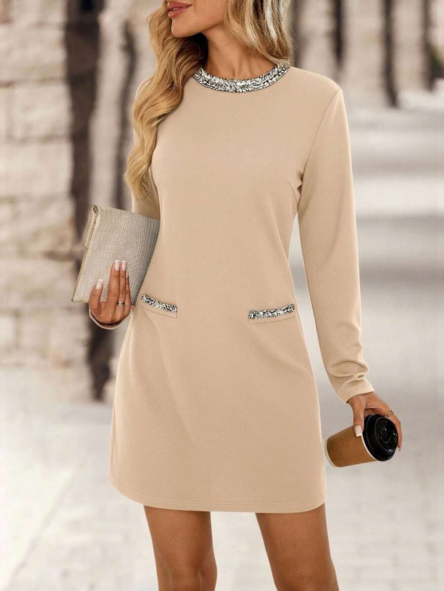 EMERY ROSE Lässig-elegantes kurzes Kleid mit Rundhalsausschnitt und Raglanärmeln für Damen - Aprikosenfarben - Übersicht 1