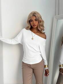Áo thun Aloruh Elegant 95% Cotton phong cách Mỹ cổ điển, ôm sát vai, eo bất đối xứng, phù hợp cho mùa thu/đông, gợi cảm, đa năng, cổ điển, mềm mại, mặc ở nhà, trở lại trường, tủ đồ mùa thu; Đơn giản, thời trang; ấm cúng, sang trọng. - trắng - Xem 7