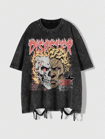 Street Life Camiseta de manga corta para hombre con estampado de calavera y llamas desgastado