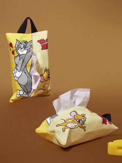 TOM & JERRY X SHEIN 1pc Cartoon Character Pattern Printed Fabric Tissue Storage Box, Suitable For Storing Paper, Decorating Home, With Hanging Lanyards, Tom, Jerry, Friendship