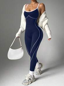 Dewbera 女式休闲运动撞色修身连体裤 - 藏蓝色 - 查看 3