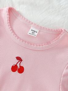 2pcs/Set Young Girls Cherry & Bow Design Layering Long Sleeve Tops, Pink & Black