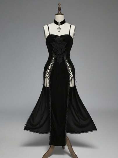 Goth Women's Sexy Vintage Gothic Punk Style Lace Patchwork Lace-Up High Slit Velvet Bodycon Slip Dress