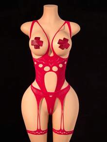 女士性感镂空连体袜，配有乳贴 - 紅色 - 查看 4