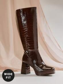 SHUZIA Women's Wide-Calf Glamorous Comfortable Square Toe Platform Knee-High Boots With Inner Zipper For Christmas - Brown - View 2