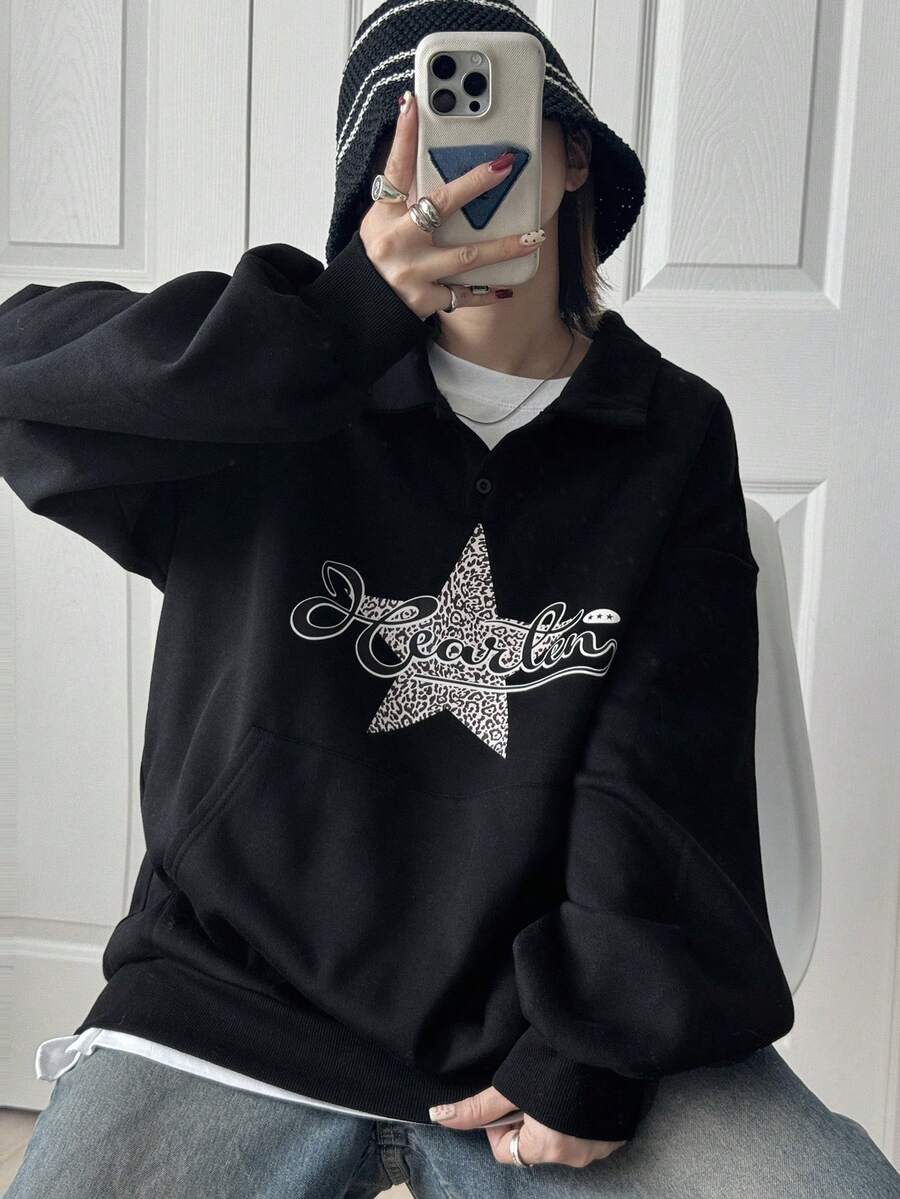 FRIFUL 女士休闲豹纹星形图案卫衣，秋冬连帽衫 - 藏蓝色 - 查看 1