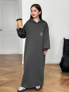 Tween Girl Thermal Lined Loose Casual Knit Letter Embroidered Hoodie Dress - Grey - View 1