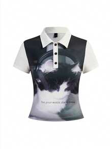 Y2Kool BiGraphic 黑白撞色貓咪風 Y2K 休閒街頭時尚女款 Polo 短版上衣，適合秋冬派對、假期、聖誕節、日常穿著，女款圖案 Polo 貓咪印花新穎襯衫，女款 Polo 衫，女款貓咪襯衫，Y2K 女裝上衣，女款圖案 T-shirt，女款短版圖案上衣，短版圖案襯衫，辣妹風動漫襯衫 - 黑與白 - 查看 6