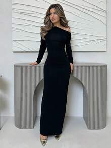 Jemour 女士简约日常约会优雅派对长袖紧身性感纯色弹力针织一字领斜肩领浪漫约会秋冬打底针织连衣裙夜间外出连衣裙万圣节圣诞节长裙 - 黑色 - 查看 1