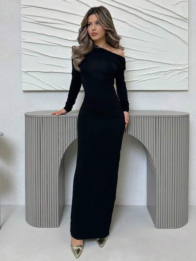 Jemour 女士简约日常约会优雅派对长袖紧身性感纯色弹力针织一字领斜肩领浪漫约会秋冬打底针织连衣裙夜间外出连衣裙万圣节圣诞节长裙