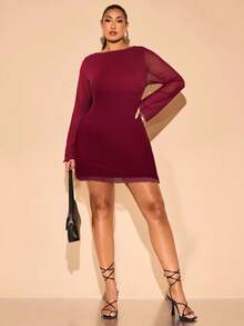 SHEIN Tall CURVE Plus Size Women's Autumn High Street Black Mini Short Dress, Suitable For Daily Wear, Commuting, Outing, Dating, Afternoon Tea, French Dress, Evening Dress, Birthday Dress, Bridesmaid Dress, Simple And Elegant Daily Dress, Wedding Dress, Bridesmaid Dress, Mini Cocktail Dress, Party Dress, Mesh Mini Dress/Christmas - Burgundy - View 5