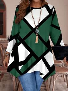 EMERY ROSE Casual Asymmetrical Hem Round Neck Geometric Line Pattern Allover Print Loose Fit Long Sleeve T-Shirt, Suitable For Autumn/Winter, Plus Size Fall - Multicolor - View 5