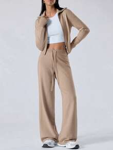 LYSMO 女士卡其色拉链开衫和针织裤休闲毛衣两件套，毛衣套装，秋冬 - 卡其色 - 查看 5