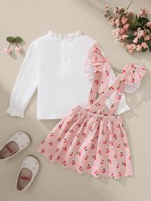 Souflis Souflis French Retro Autumn/Winter Basic White Long Sleeve T-Shirt Paired With Cute Cherry Print Suspender Skirt, Suitable For Outings, School, Play And Various Occasions, Baby/Toddler Girl Set - Multicolor - View 4