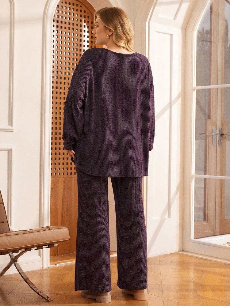 プラスサイズ カジュアル 無地 トップス&パンツ 2点セット、秋