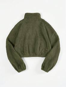 SHEIN EZwear Letter Patched Detail Kangaroo Pocket Drop Shoulder Teddy Sweatshirt,Long Sleeve Tops In Fall/Winter Cropped Sweater Zip Up Sweater Crop Jacket Cropped Hoodies,Fall,Fall Clothes For Women