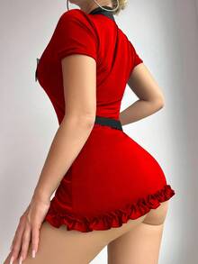 SHEIN 万圣节女式性感服装牛奶丝褶边拉链深 V 紧身连衣裙 3 件套 - 紅色 - 查看 2