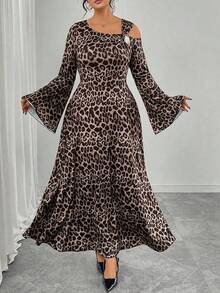 SHEIN Elenzya Plus Size Women Classic Leopard Print Asymmetric Shoulder Flare Sleeve Ruffle Decor Fitted Maxi Elegant Party Dress - Brown - View 7