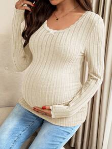 SHEIN Maternity Ribbed Rib Lace Patchwork Round Neck Long Sleeve T-Shirt - Apricot - View 6