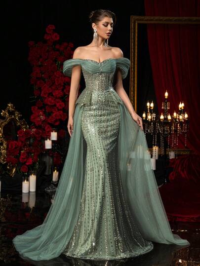 Glamrae Elegant Lyxig Pärl- & Paljettblommig Off Shoulder-Maxiklänning med Sjöjungfru och Voluminös Tyllkjol (Tung Utsmyckning)