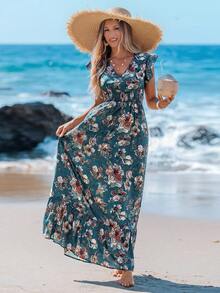 Sylviya Casual Women's Shirred Ruffled Small Cap Sleeves Waist Ruffle Trim Large A-Line Long Dress Positioning Print Casual Holiday Women's Dress Summer Dresses For Women Floral Dress Women Vacation Dress Ruffle Dress Boho Dress Women Tropical Dress