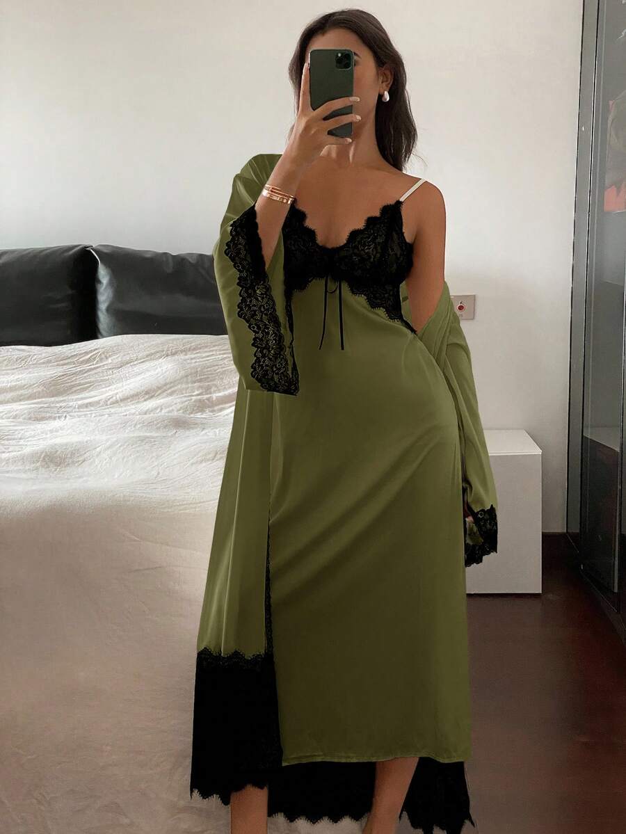 DAZY 女士睡衣套装:撞色蕾丝拼接系带睡袍和吊带睡裙,冬季服装 - 橄欖綠 - 查看 1
