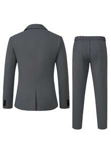 Manfinity Mode Men's Solid Color Regular Shoulder Long Sleeve Business Casual Suit Set Men Grey Suit