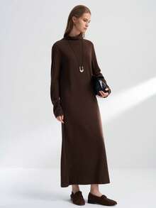 INAWLY Váy dài cổ lọ giản dị bằng vải cashmere giả - Cà phê - Xem 6