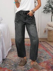SHEIN PETITE Quần Jeans Nữ Dáng Rộng Thường Ngày Có Túi - Xám - Xem 3