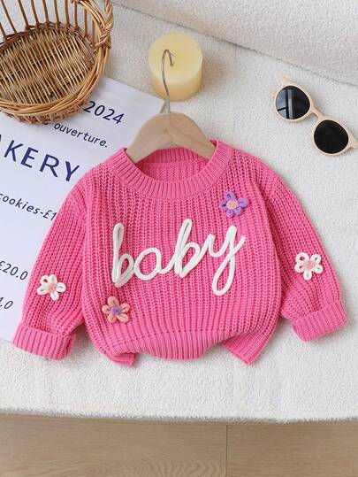 SHEIN 1 pieza Suéter para niñas bebé, cuello redondo rosa con bordado de la letra "Baby" y decoración floral 3D, estilo minimalista lindo y fresco, grosor regular, dobladillo y puños prolijos, textura suave y lisa, versátil para uso diario, juego al aire libre, adecuado para primavera/otoño