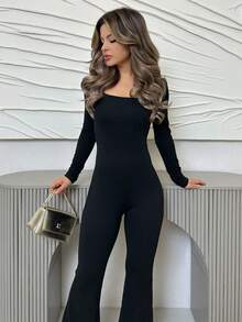 Jemour Square Neck Flare Leg Black Jumpsuit - Black - View 6