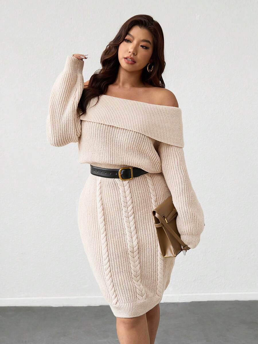 SHEIN Privé 大码纯色露肩针织连衣裙,秋冬休闲装 - 杏色 - 查看 1